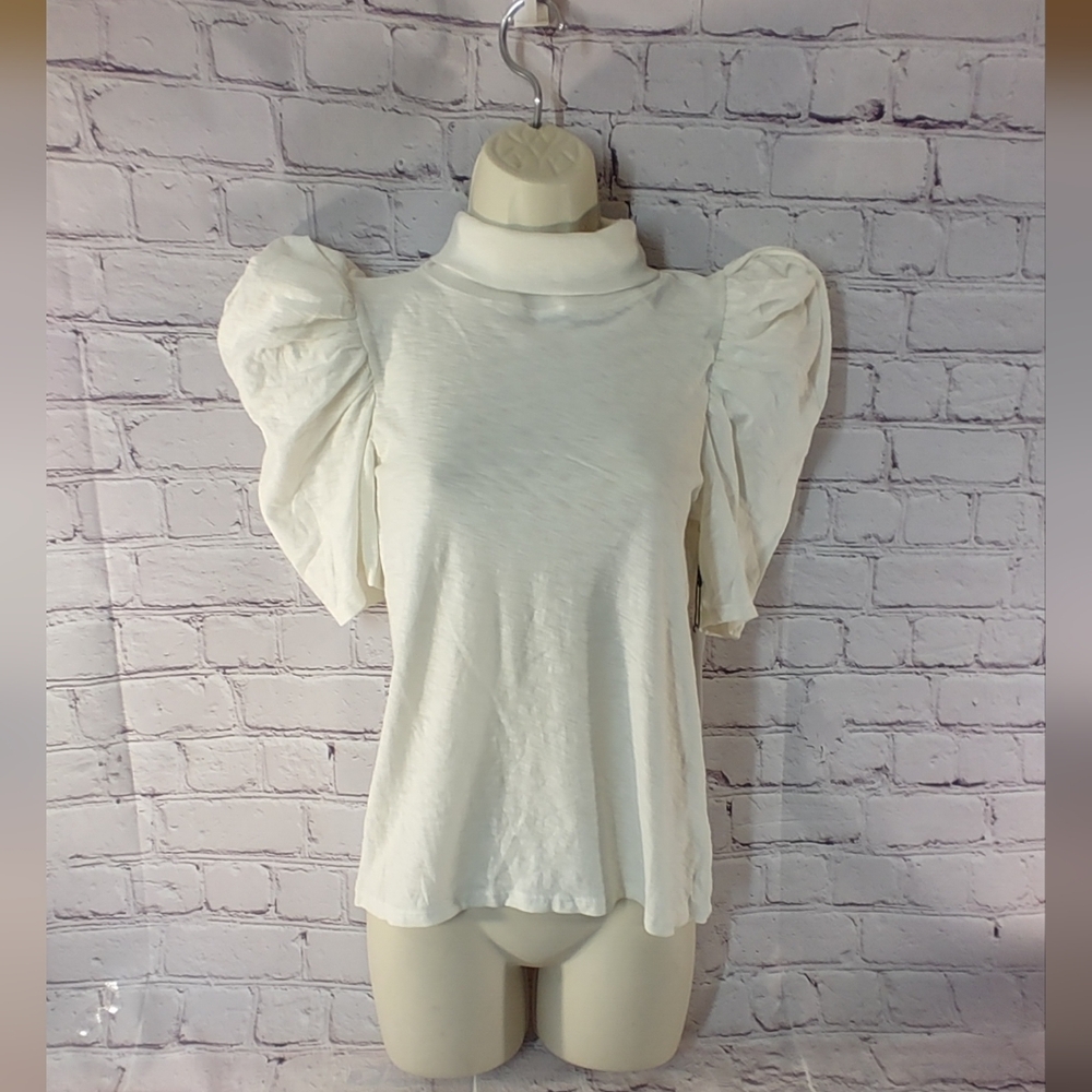 Nation LTD Dawn Femme Turtleneck Puff Sleeve Small Ivory Flounce Top NWT Cottage